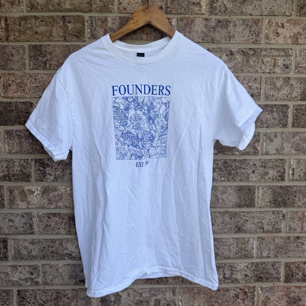 Founders Est 2009 Graphic T-Shirt White Blue Peony Floral Print Top Medium